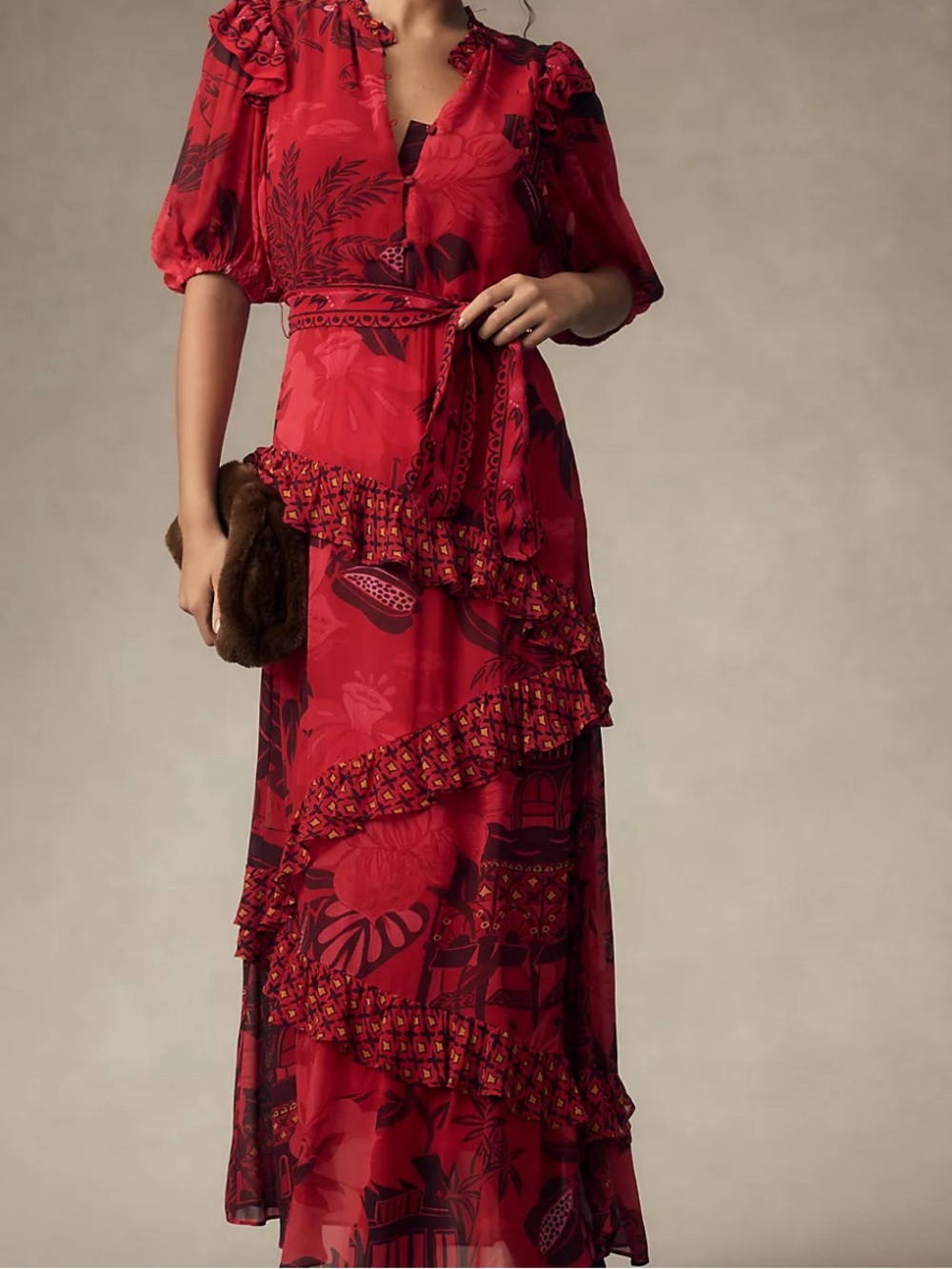 Anthropologie Farm Rio Short-Sleeve Printed Ruffled Midi Dress Size: XS